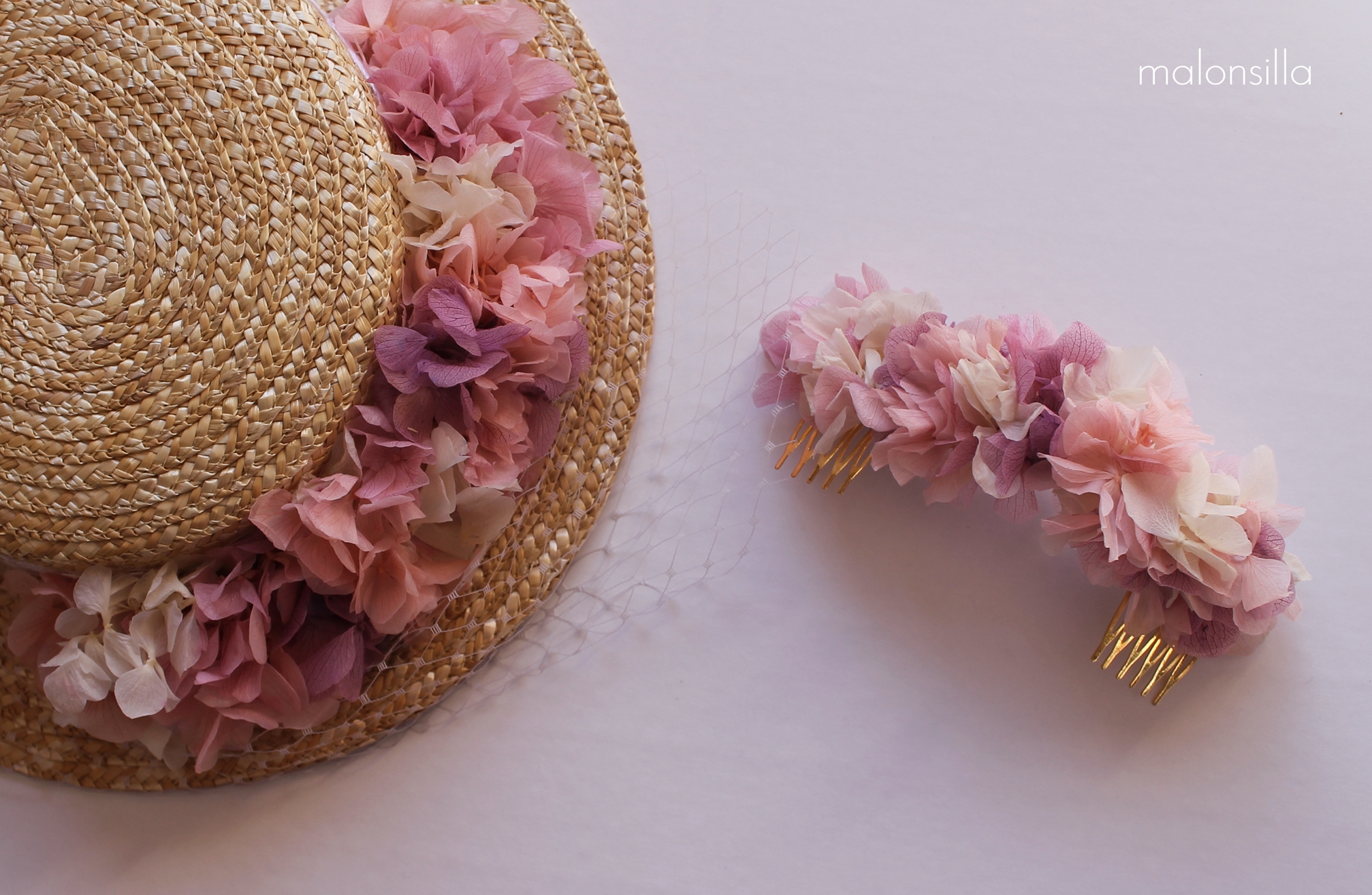 Canotier SantaPola y peina VIRGINIA para novia by malonsilla con tonos rosa palido y malva